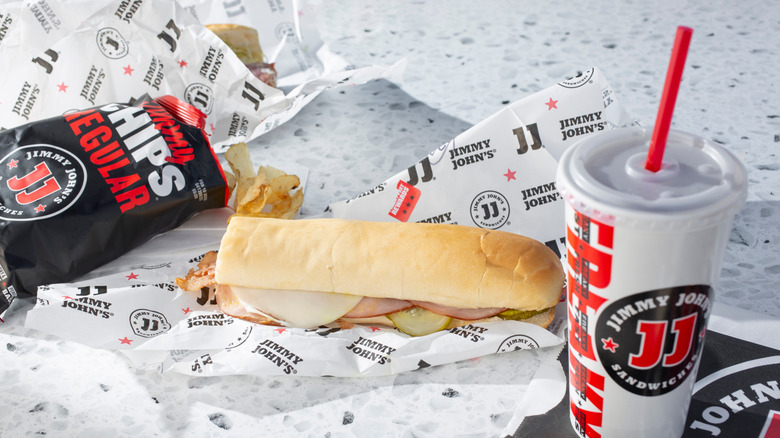 Sandwich, chips, and drink from Jimmy John's