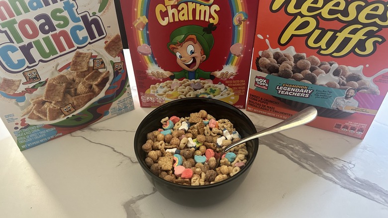 Bowl of three cereals mixed together