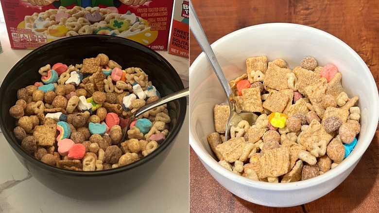 From Left: DIY mixed bowl ofLucky Charms, Reese's Puffs, and Cinnamon Toast Crunch, Right: bowl of Kelce Mix Cereal