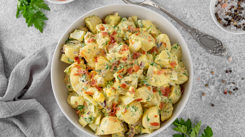 potato salad in a white bowl