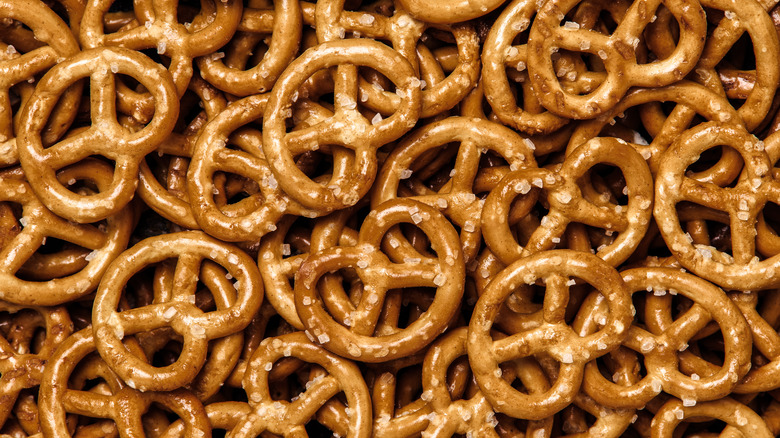 A pile of salted pretzels