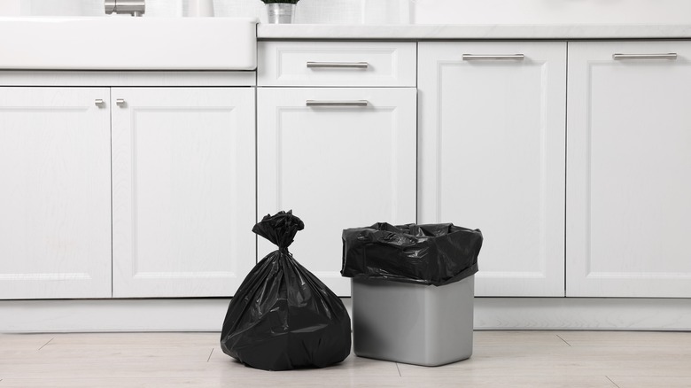 kitchen trash can and black trash bag