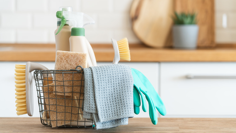 cleaning supplies on kitchen countertop