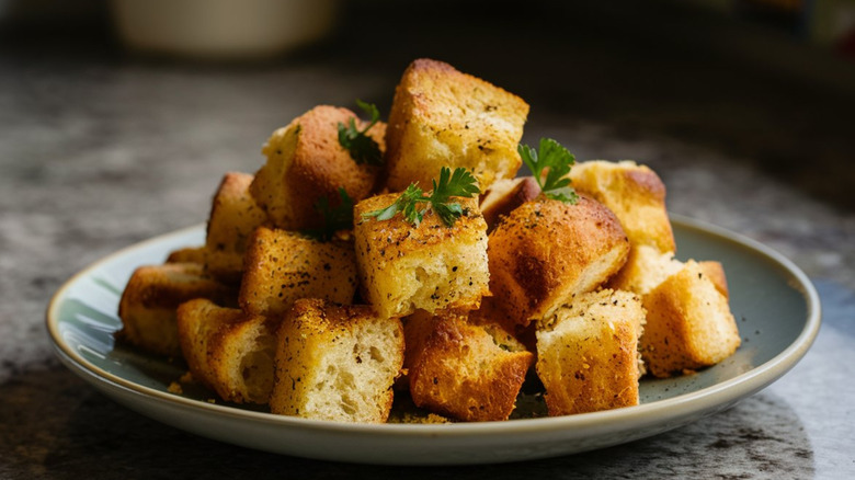 Homemade croutons on a plate, topped with parsley.