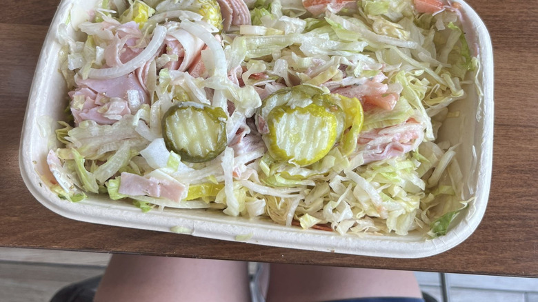 Jersey Mike's sub in a tub with lettuce, meat, onions, etc.