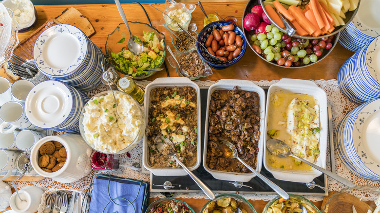 Bird's eye view of a buffet on a wood table