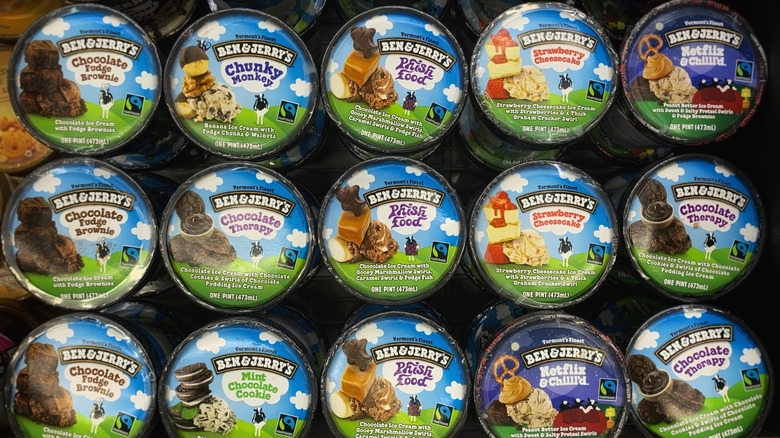 Various flavors of Ben & Jerry's ice cream tubs seen from a bird's eye view