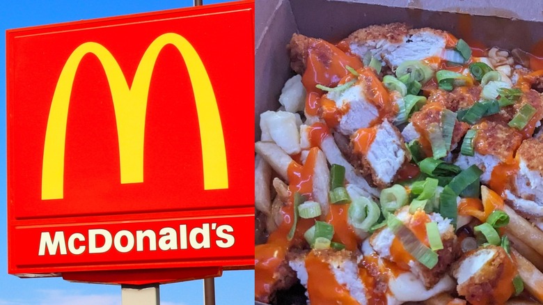 Left: A McDonald's sign in the sky during the daytime Right: A top-down photo of McDonald's Spicy Buffalo Chicken Poutine