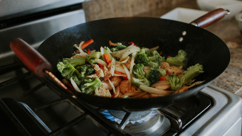 Meat and vegetables in a wok for stir fry