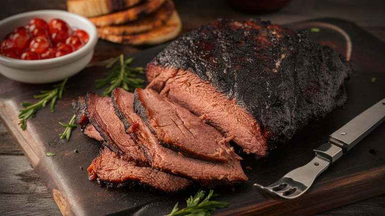 Cooked brisket with bark and rendered fat