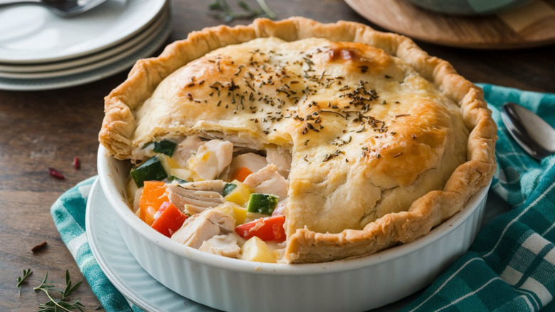 Chicken pot pie with piece missing from the top crust