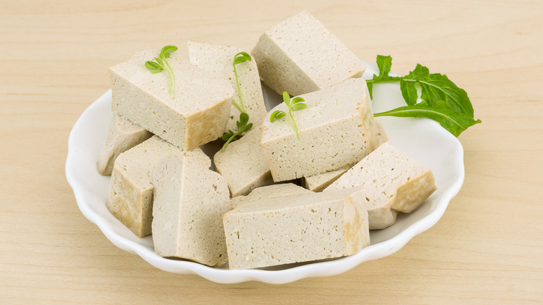 Plate of raw tofu