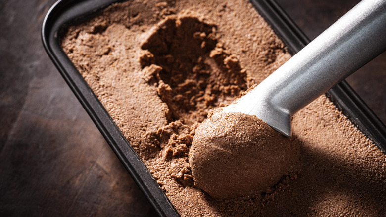 Metal scoop in chocolate ice cream