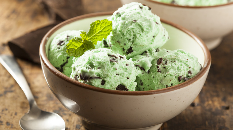 Spoon next to bowl of mint chocolate chip ice cream