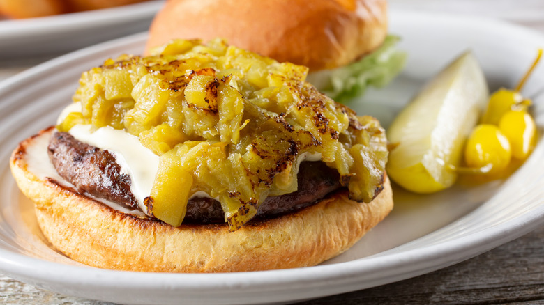 New Mexico-style cheeseburger topped with Hatch chiles