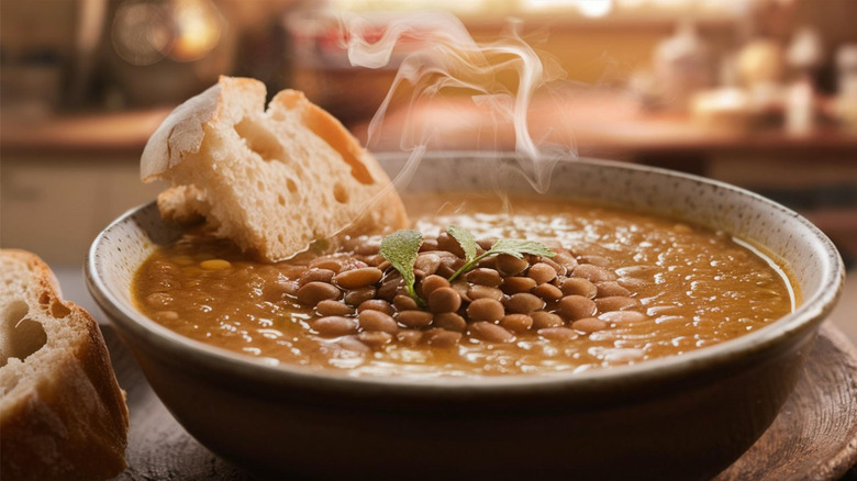 A steaming bowl of lentil soup with bread