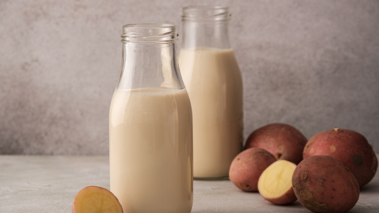 Two glass bottles of creamy potato milk beside raw potatoes