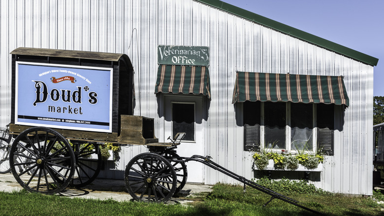 Doug's Market buggie in front of veterinarian's office.