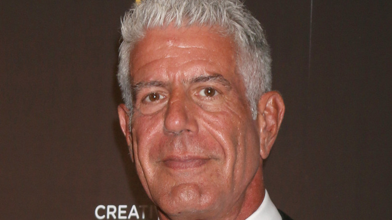 A close-up of Anthony Bourdain on the Emmy awards red carpet