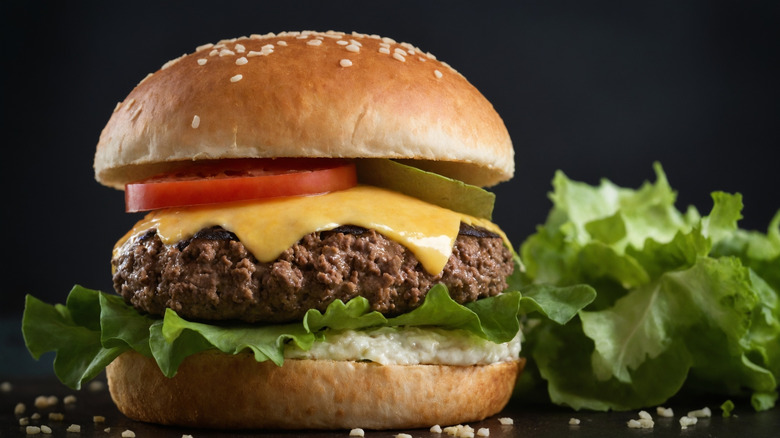 Cheeseburger with tomatoes, pickles, lettuce and a sesame seed bun, with lettuce in the background