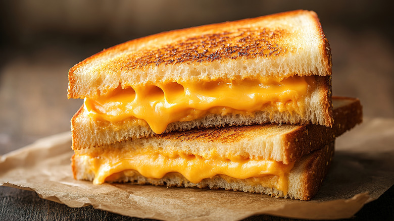 two halves of a grilled cheese sandwich stacked on top of each other with gooey cheese