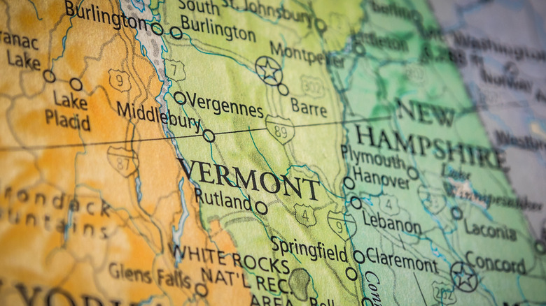 close-up of a map showing upstate new york, vermont, new hampshire