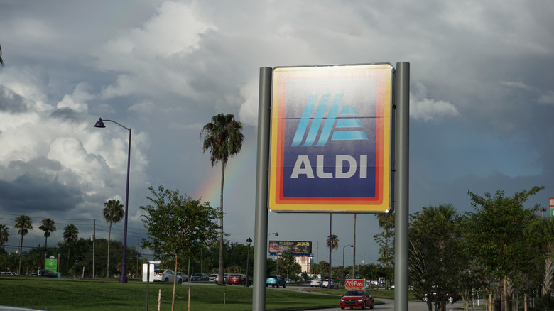 Aldi sign in Florida with palm trees and rainbow