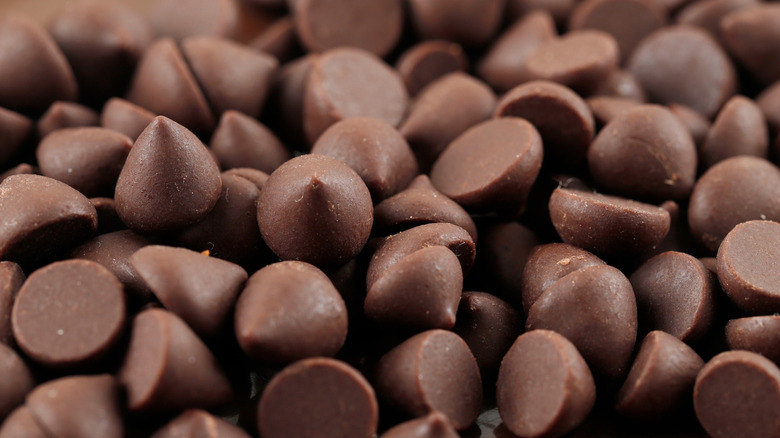 Close up on milk chocolate morsels