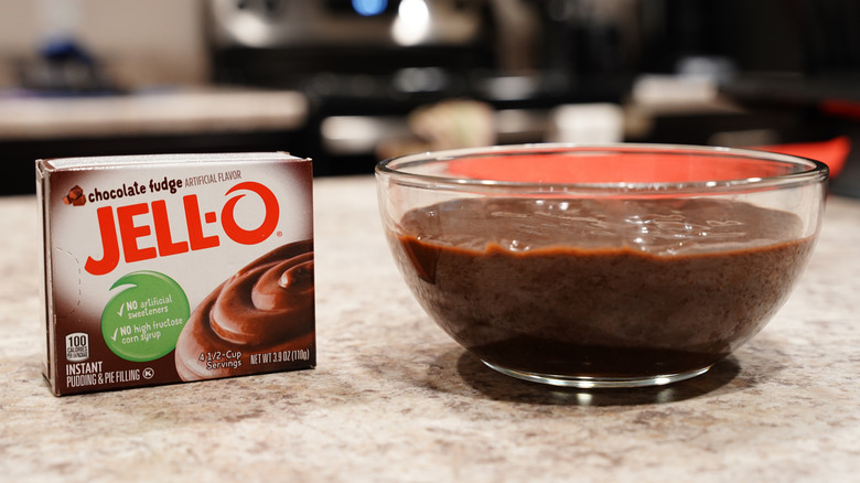 chocolate Jell-O pudding mix in kitchen