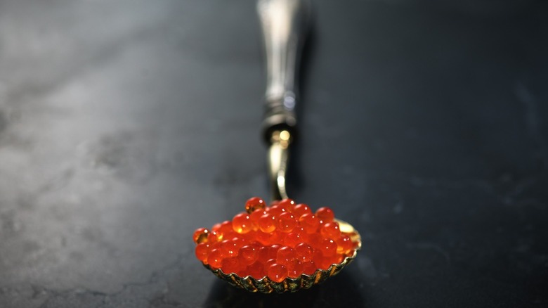 A spoonful of red caviar against a dark stone background