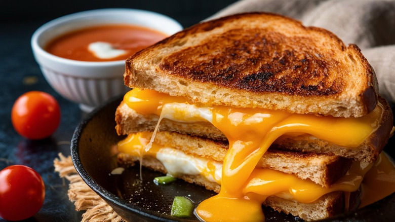 Grilled cheese sandwich halves, one on top of the other, with melted cheese spilling out