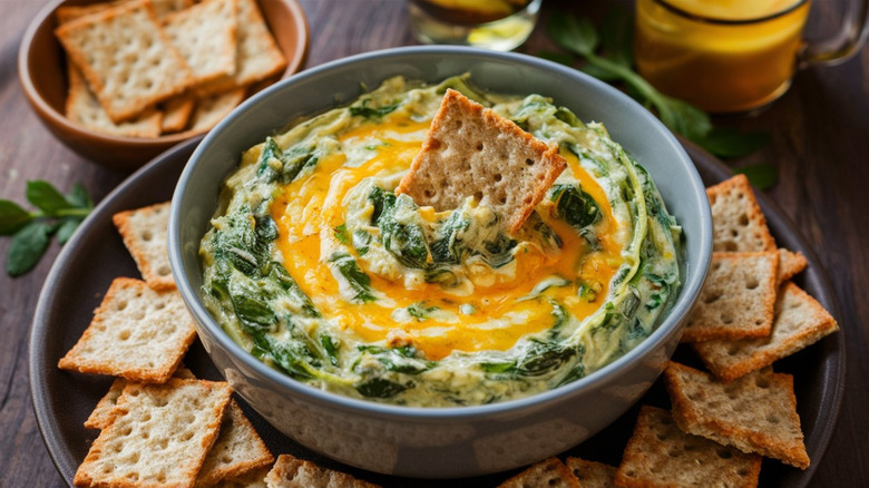 A bowl of spinach and artichoke dip topped with sour cream, melted cheese, and crackers