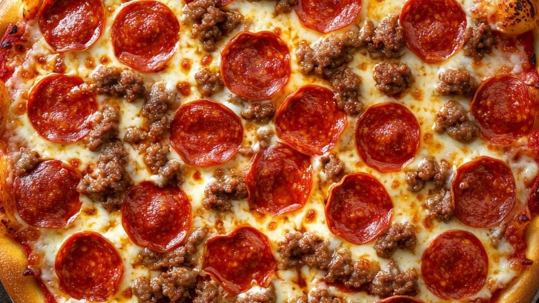 A pepperoni and sausage pizza.