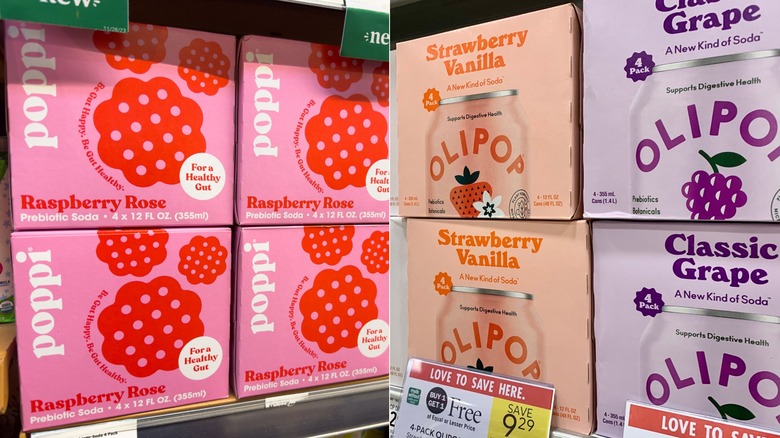 Left: four boxes of Poppi, the prebiotic soda, on a store shelf Right: four boxes of Olipop, the prebiotic soda, on a store shelf