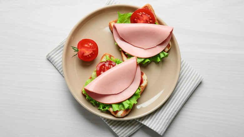 open faced bologna sandwich on a plate