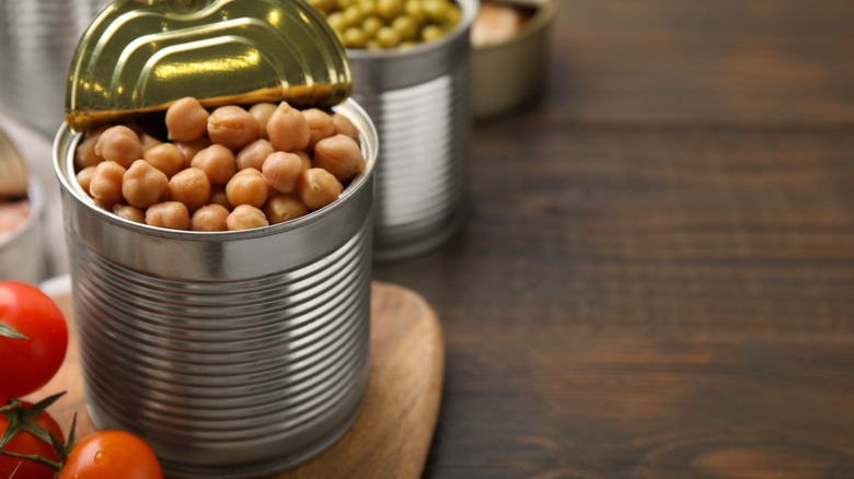 Chickpeas in an opened metal can