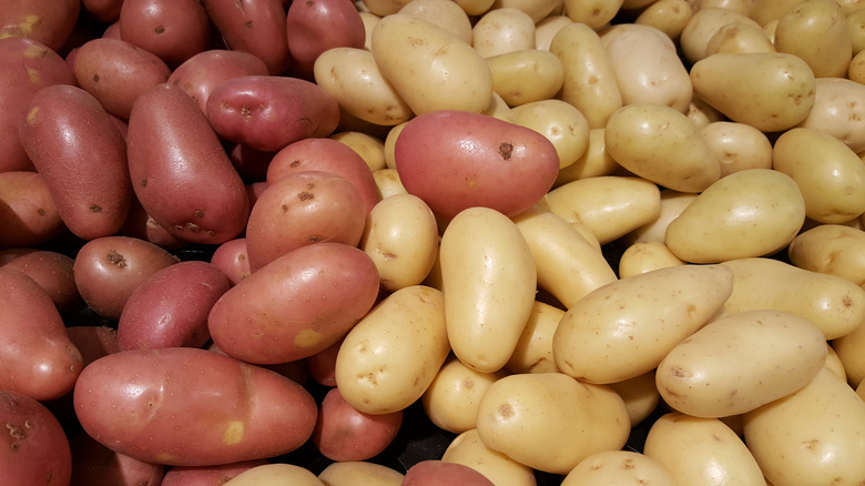 A pile of red and yellow waxy potatoes.