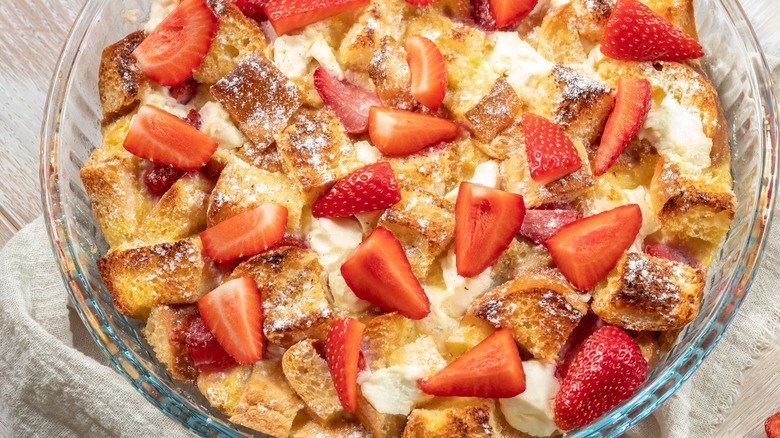 French toast bake with fresh strawberries on top.