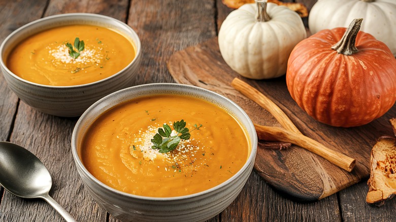 Creamy pumpkin soup in white bowls on a wooden surface surrounded by white and orange pumpkins.