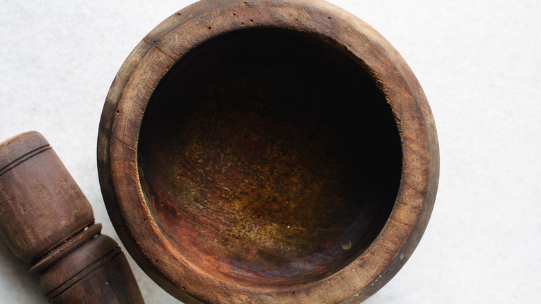 Overhead shot of a wood mortar and pestle