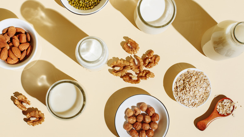 top view of nuts and different bottles of milk