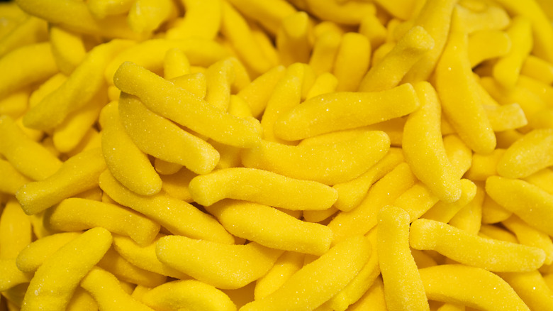 A close-up of banana-shaped candy