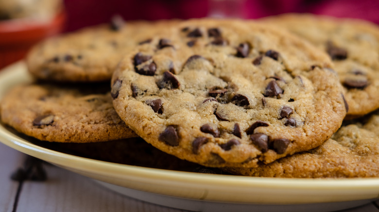 Several chocolate chip cookies on a plate.