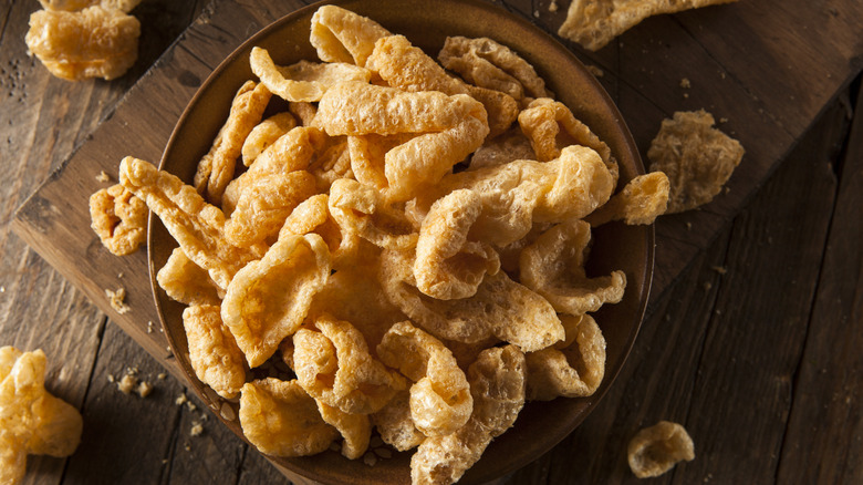 Top view of pork rinds in a bowl