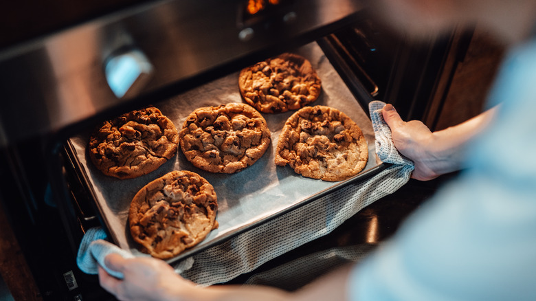 chocolate chip cookies in oven