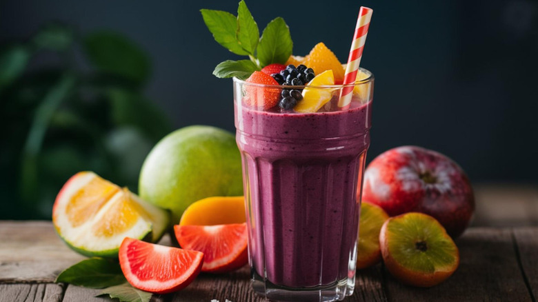 Berry smoothie surrounded by fruit