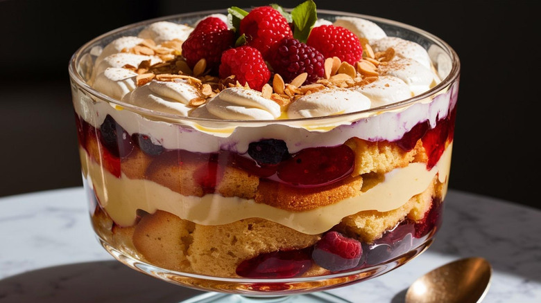 Layered English trifle in clear bowl topped with raspberries