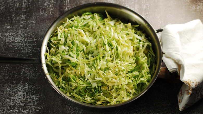 Finely shredded cabbage in a pan