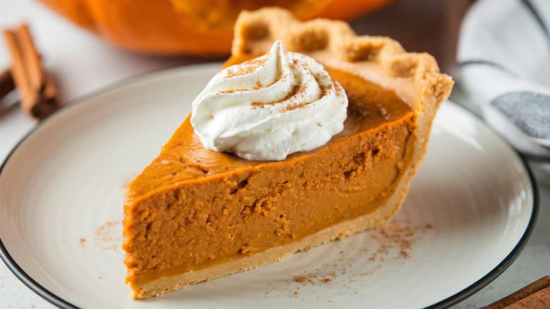 Slice of pumpkin pie made with puréed pumpkin