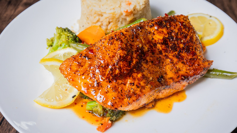 Glazed salmon with mixed vegetables and rice